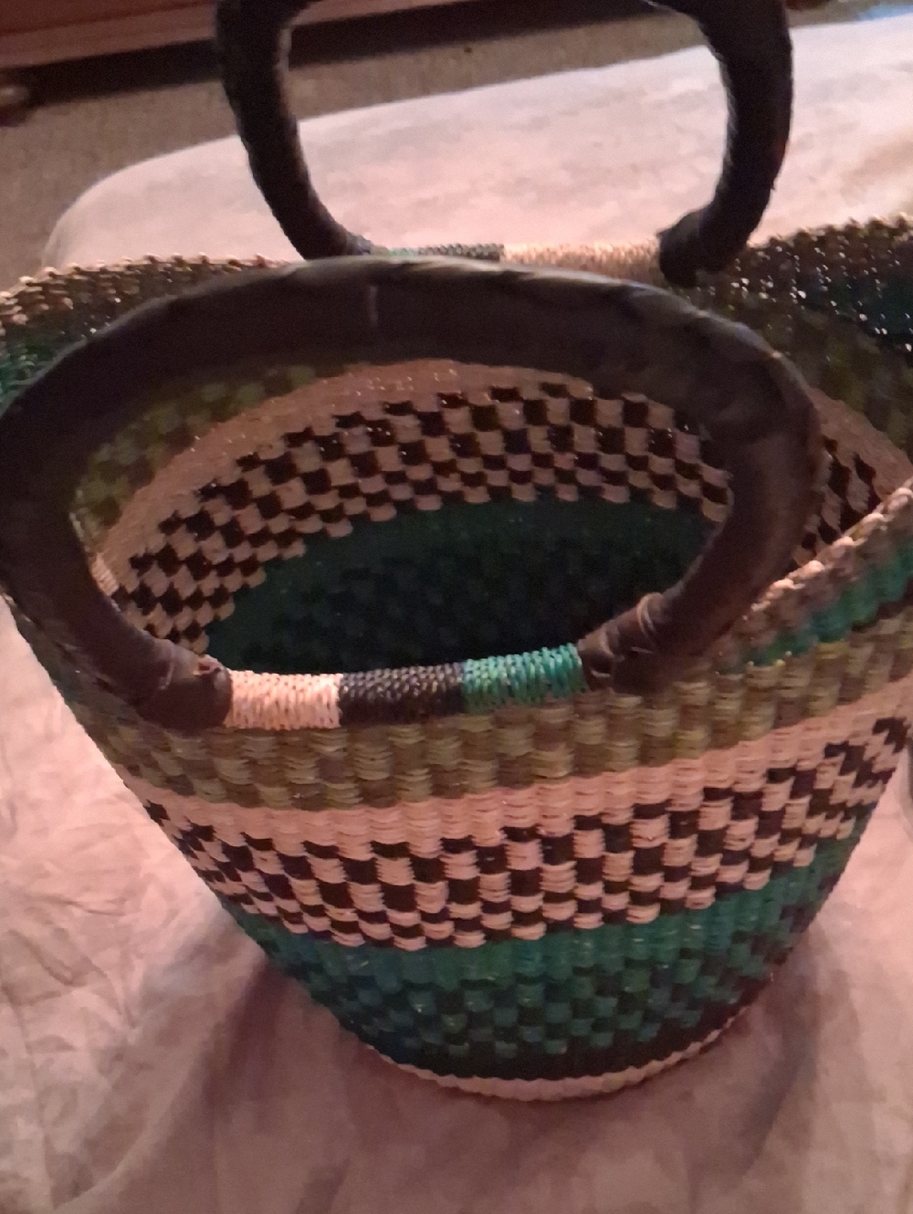 Source Unknown Green, Black & Cream Striped Woven Basket Tote